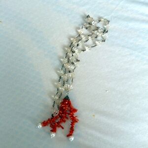 Crystal necklace very long custom made coral red with pearls sterling silver